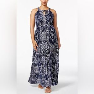 I.N.C. Women’s Navy&White Paisley Beaded Keyhole Cut Maxi Stretch Dress Size 0X